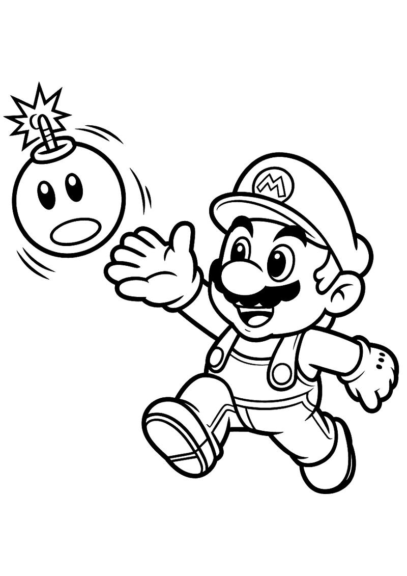 Kleurplaat van Mario die vooruitrent en een Bob-omb met brandende lont gooit, de bom zweeft vlak voor zijn uitgestoken h