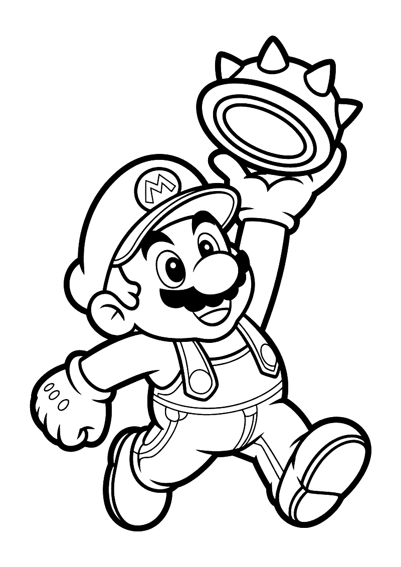 Kleurplaat van Mario die vooruitloopt en een grote stekelige koopa-schelp met zijn arm omhoog gooit