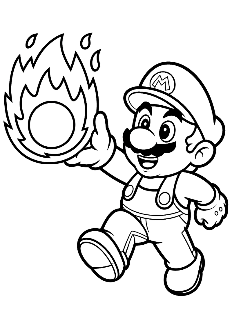 Kleurplaat van Vuur Mario die in actiepose een grote vuurbol met uitwaaierende vlammen lanceert vanuit zijn uitgestoken 