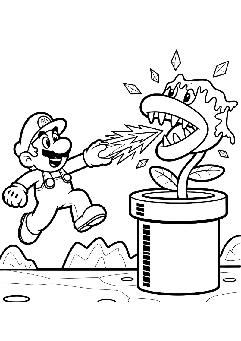 Kleurplaat van IJs Mario die een ijsstraal schiet op een Piranha Plant die uit een pijp omhoogkomt, met ijskristallen ro