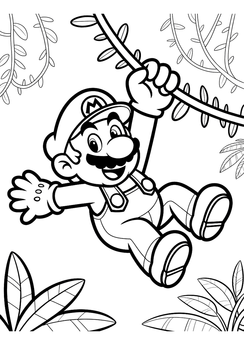 Kleurplaat van Mario die lachend aan een liaan slingert tussen weelderige jungle-bladeren