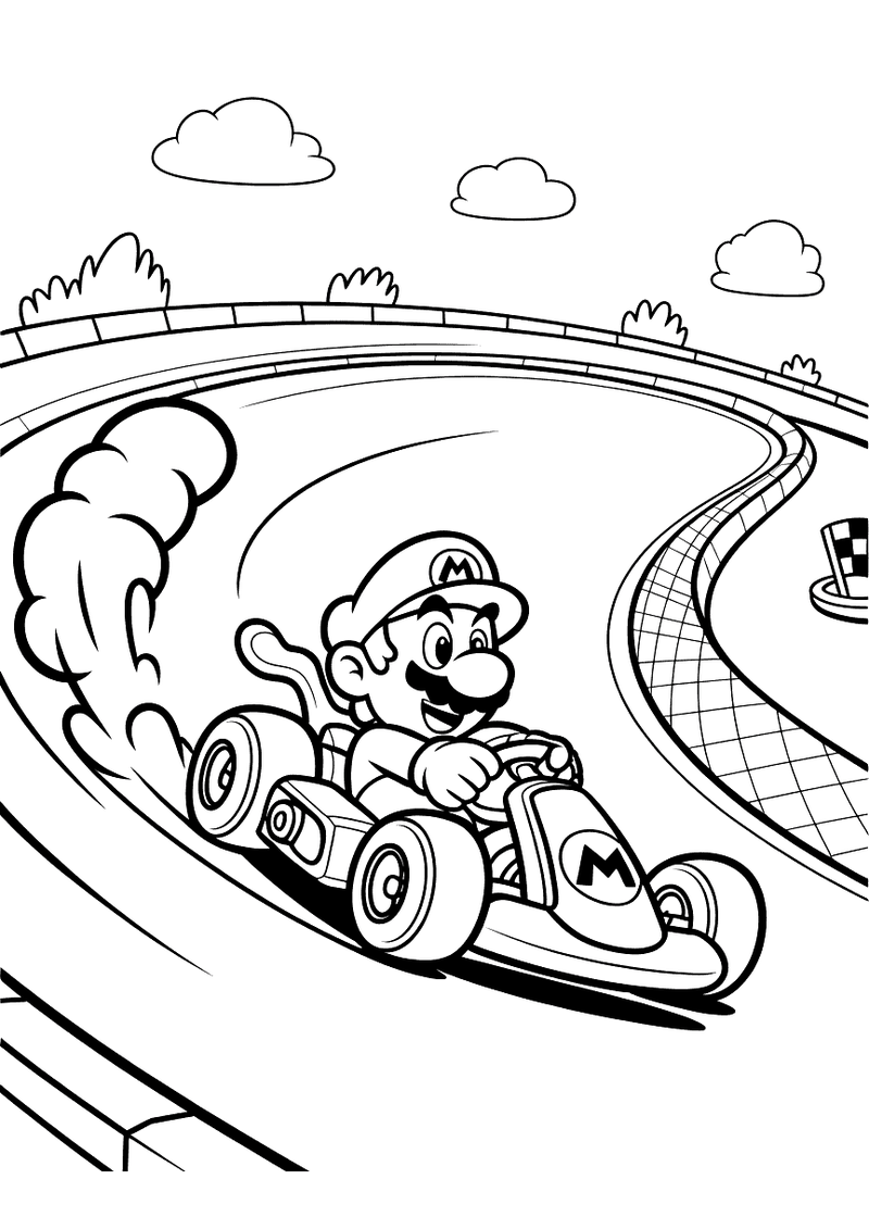 Kleurplaat van Mario in een racekart die een scherpe bocht neemt met rook achter de wielen, op een circuit met wolken op