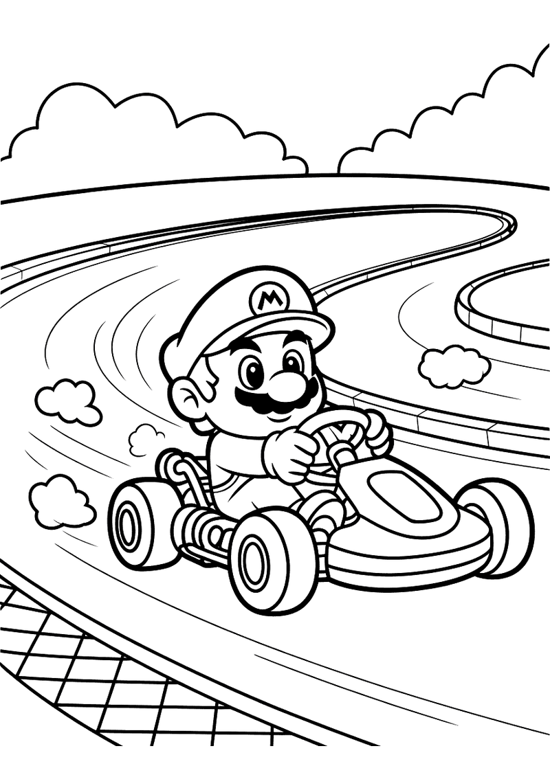 Kleurplaat van Mario achter het stuur van zijn kart op een racecircuit, met wolken en bewegingslijnen die zijn hoge snel
