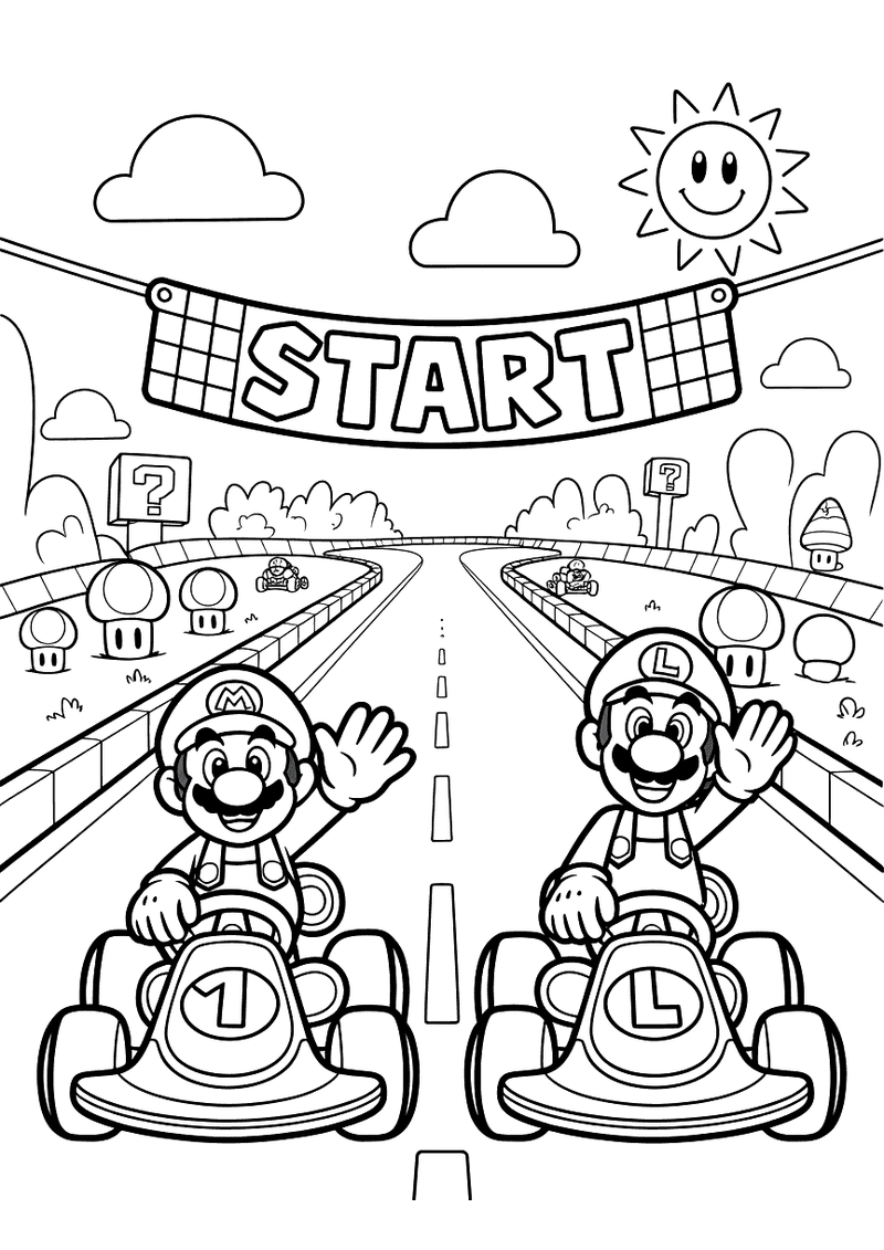 Kleurplaat van Mario en Luigi die naast elkaar in hun karts zitten en zwaaien bij de START-banner op een breed racecircu