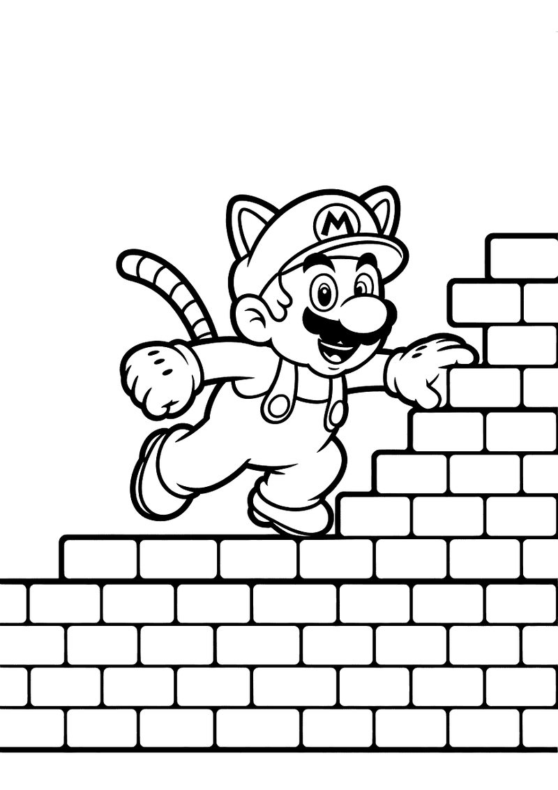 Kleurplaat van Kat Mario in zijn kattenpak die met klauwen een bakstenen muur beklimt, zijn gestreepte staart steekt omh
