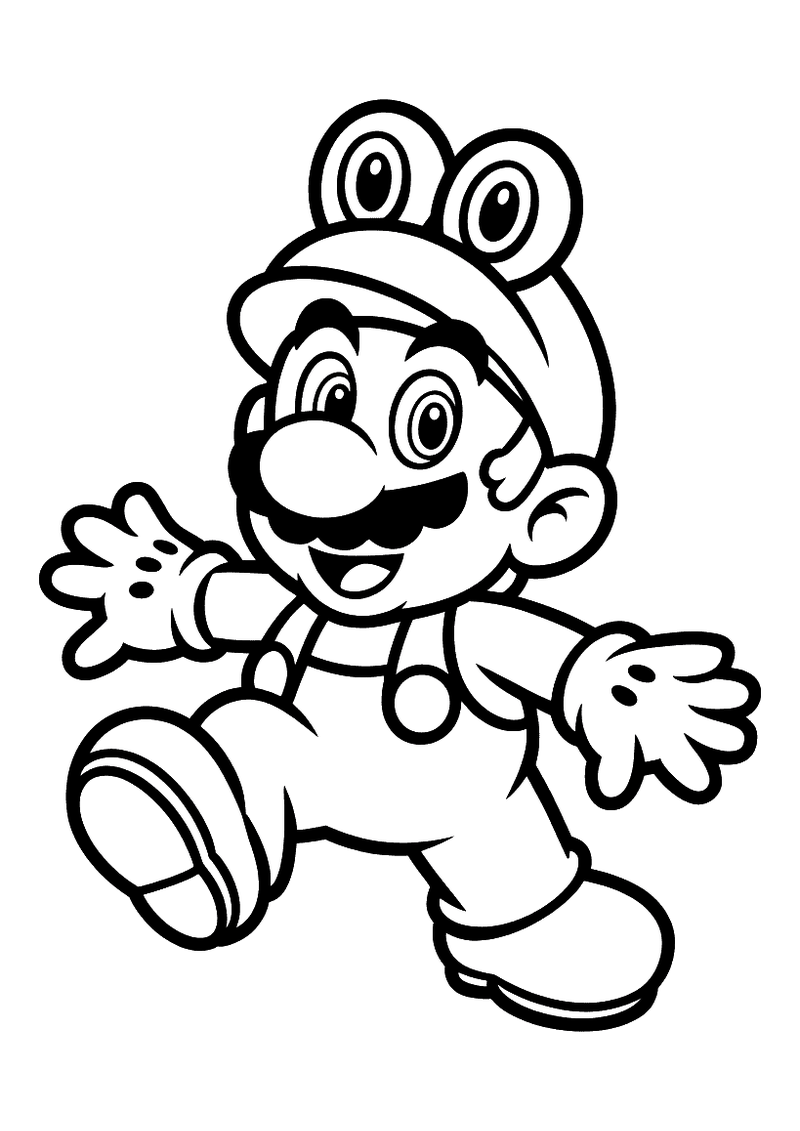 Kleurplaat van Mario in zijn groene kikkerpak met twee kikkeroogjes bovenop zijn pet, zijn armen wijd gespreid in een sp