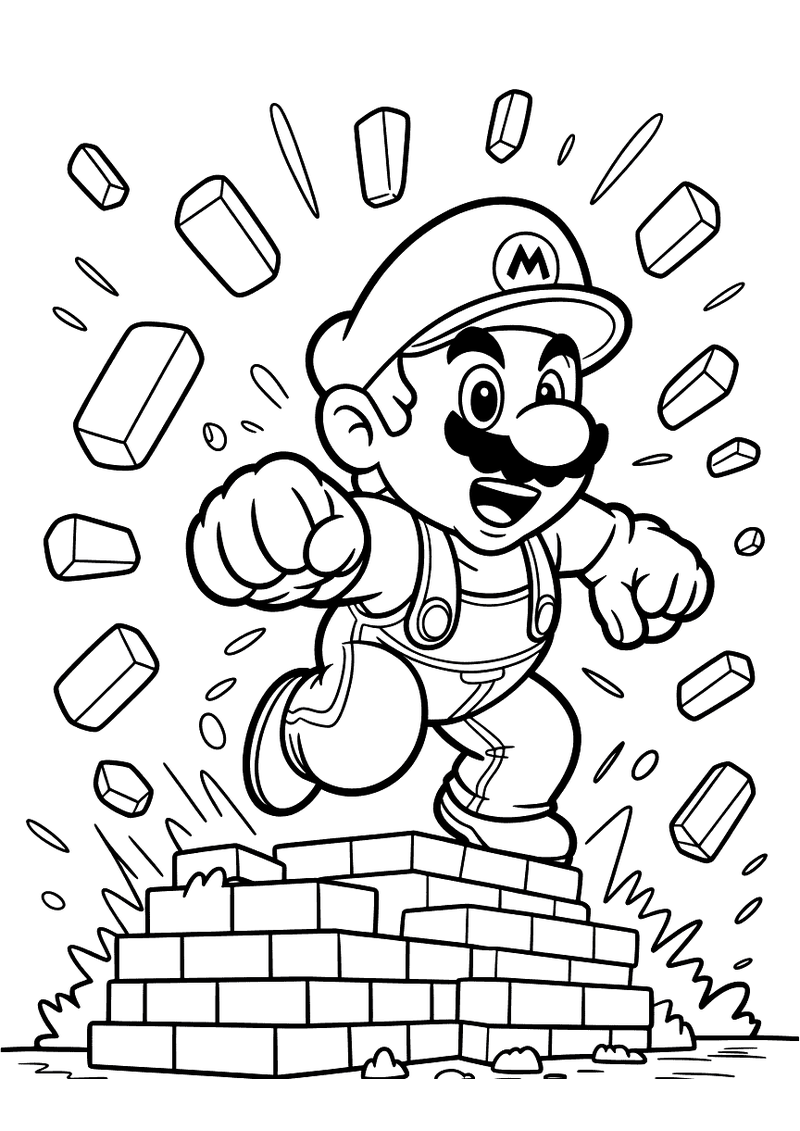 Kleurplaat van de reusachtige Mega Mario die op een stapel blokken stampt terwijl stenen in het rond vliegen