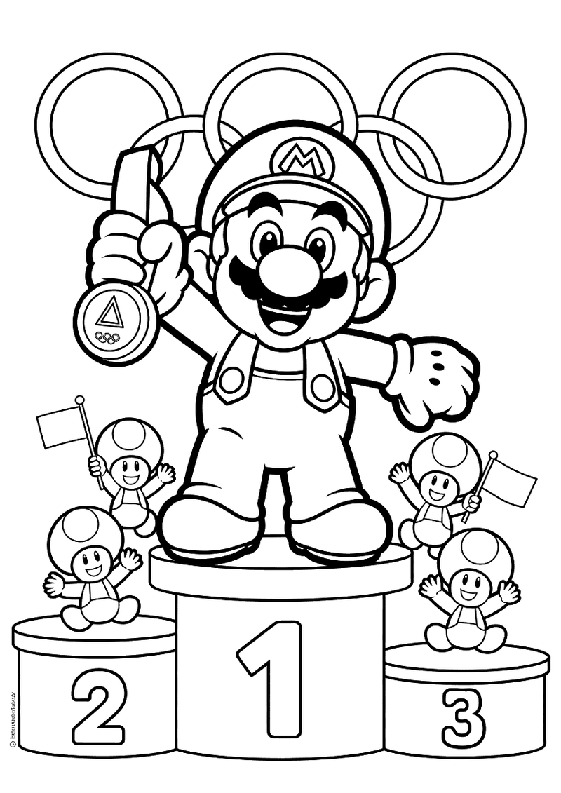 Kleurplaat van Mario op de eerste plek van het olympische podium met een medaille, de olympische ringen op de achtergron