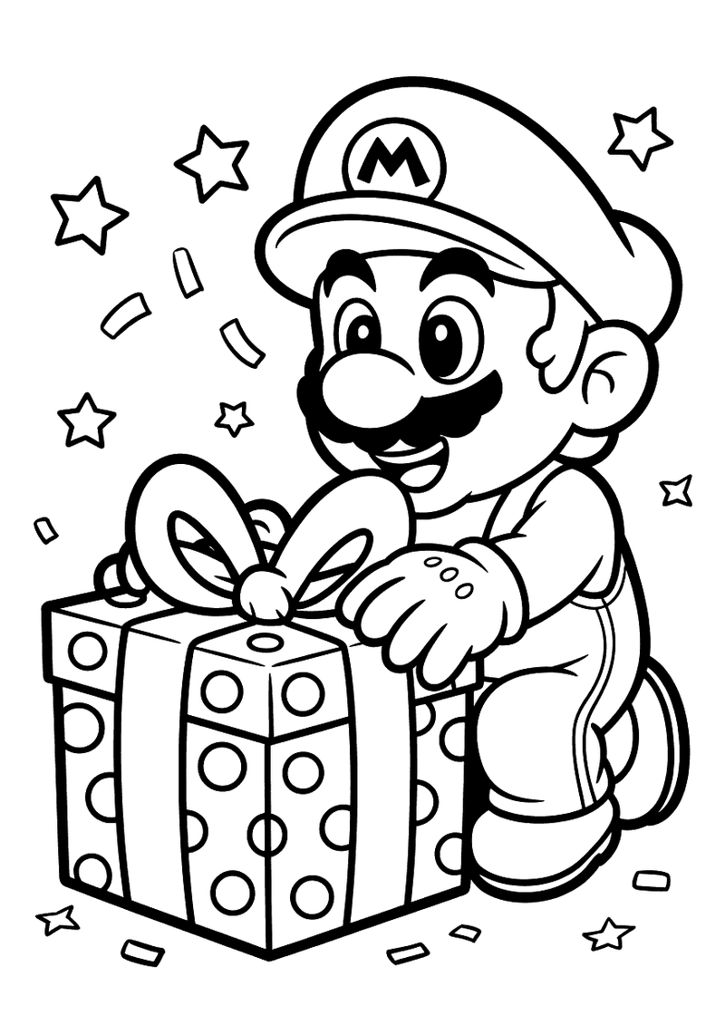 Kleurplaat van Mario die geknield voor een groot ingepakt cadeau met strik zit en er enthousiast naar kijkt, sterretjes 