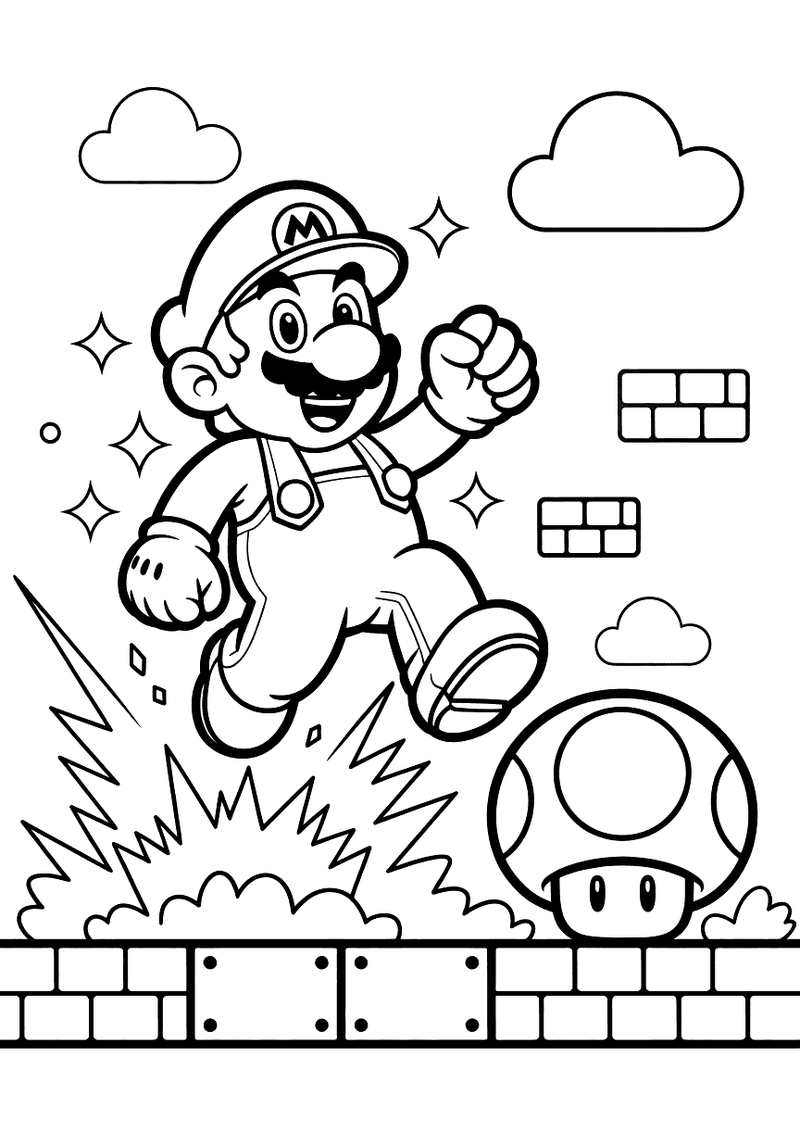 Kleurplaat van Mario die met gebalde vuist boven een platform springt, met een grote rode paddenstoel rechts en blokken 