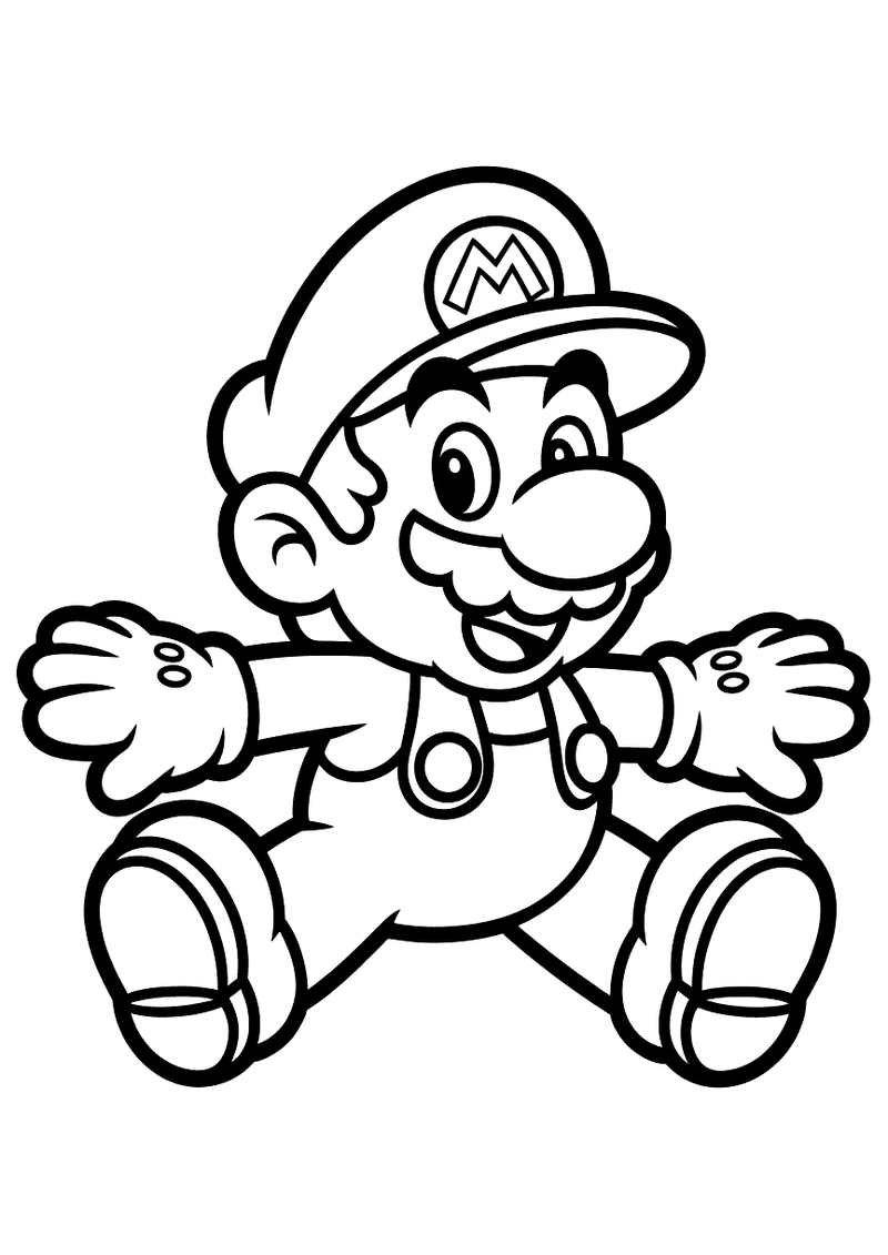 Kleurplaat van Mario als plat papieren figuur die zittend met gespreide armen en benen lacht, in Paper Mario-stijl