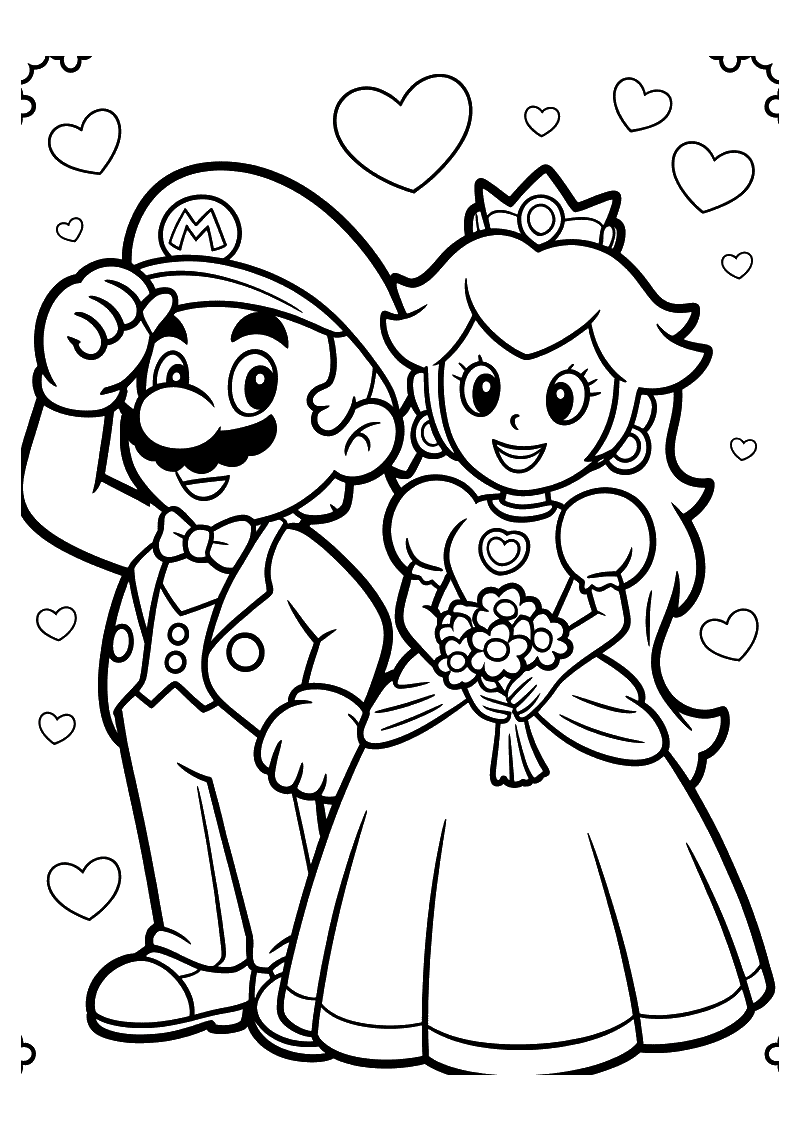 Kleurplaat van Mario in een trouwpak met vlinderdas naast Prinses Peach in een bruidsjurk met bloemboeket, omringd door 