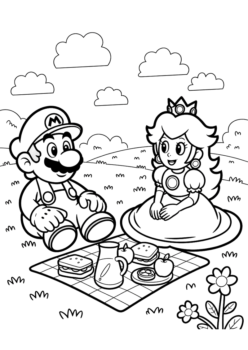 Kleurplaat van Mario en Prinses Peach die samen op een picknickkleed zitten met sandwiches en theegerei, op een zonnige 
