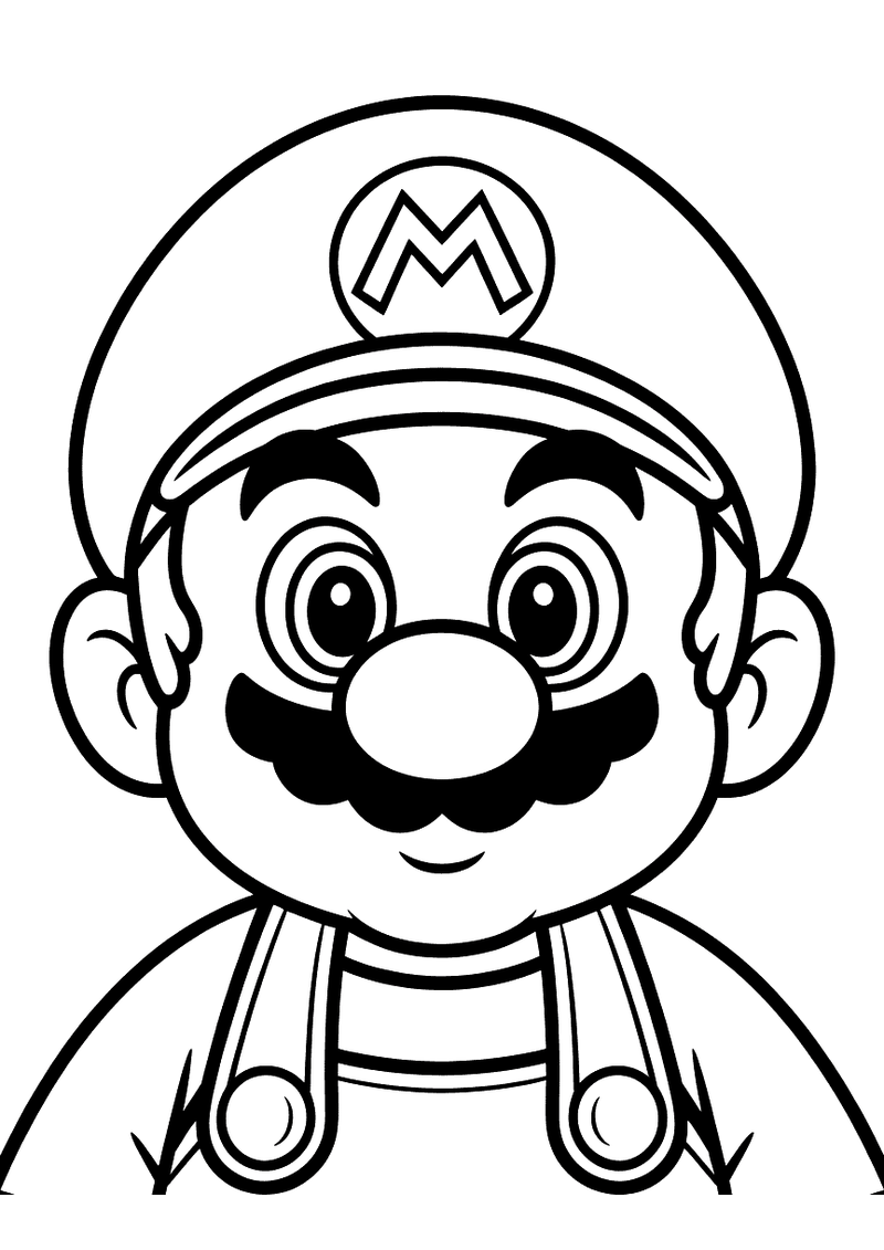 Kleurplaat van Mario's gezicht en bovenlichaam in een duidelijke close-up, zijn rode pet met M-logo, dikke snor en overa