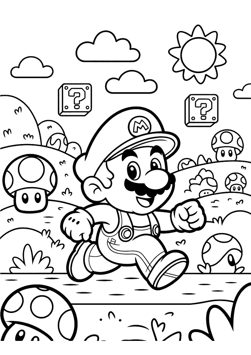 Kleurplaat van Mario die rent door een zonnige paddenstoel wereld met grote en kleine paddenstoelen, vraagtekenboksen en