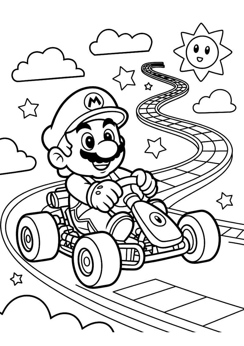 Kleurplaat van Mario in zijn kart op de Rainbow Road met sterren en wolken in de achtergrond en een bochtige baan die de