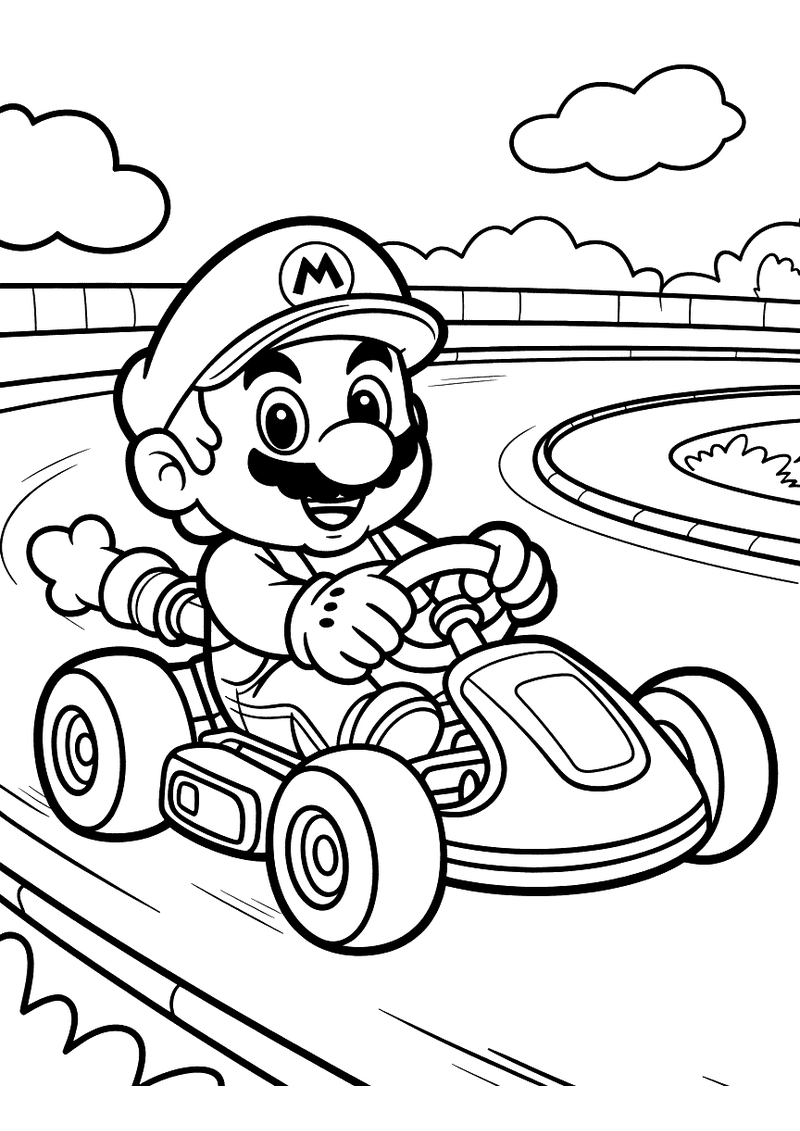 Kleurplaat van Mario die geconcentreerd zijn kart bestuurt op een bochtig racecircuit, met rook achter de wielen en wolk