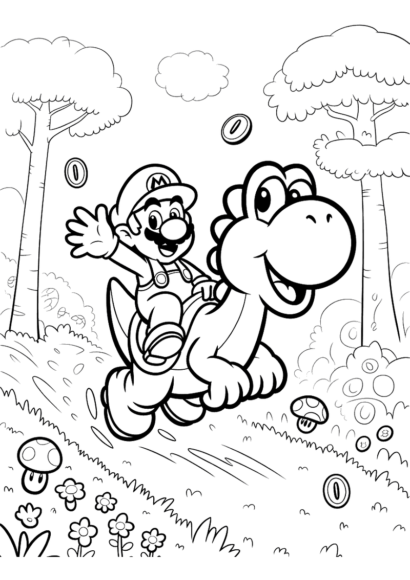 Kleurplaat van Mario die op Yoshi's rug rijdt door een bos vol bomen, paddenstoelen, bloemen en munten die door de lucht