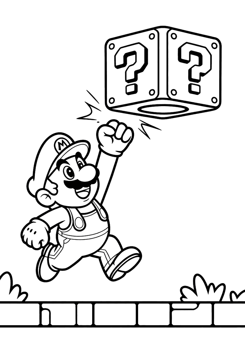 Kleurplaat van Mario die springend zijn gebalde vuist omhoogsteekt en een dubbel vraagteken blok raakt, met vonken rondo