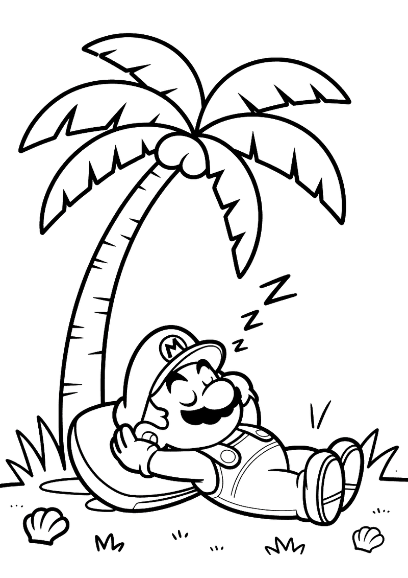 Kleurplaat van Mario die met zijn rug tegen een palmboom leuend slaapt op een strand met schelpen in het zand, z's boven