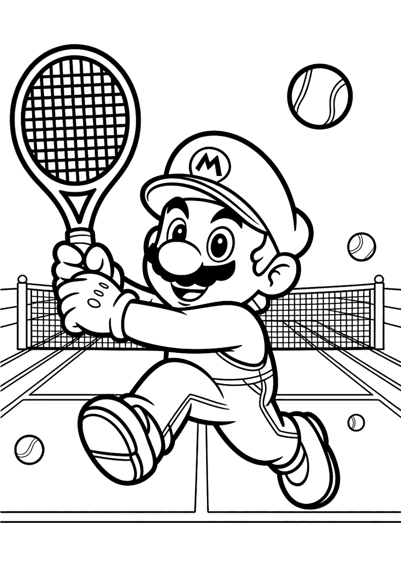Kleurplaat van Mario die met een tennisracket uithaalt op een tennisbaan, meerdere tennisballen vliegen om hem heen en e
