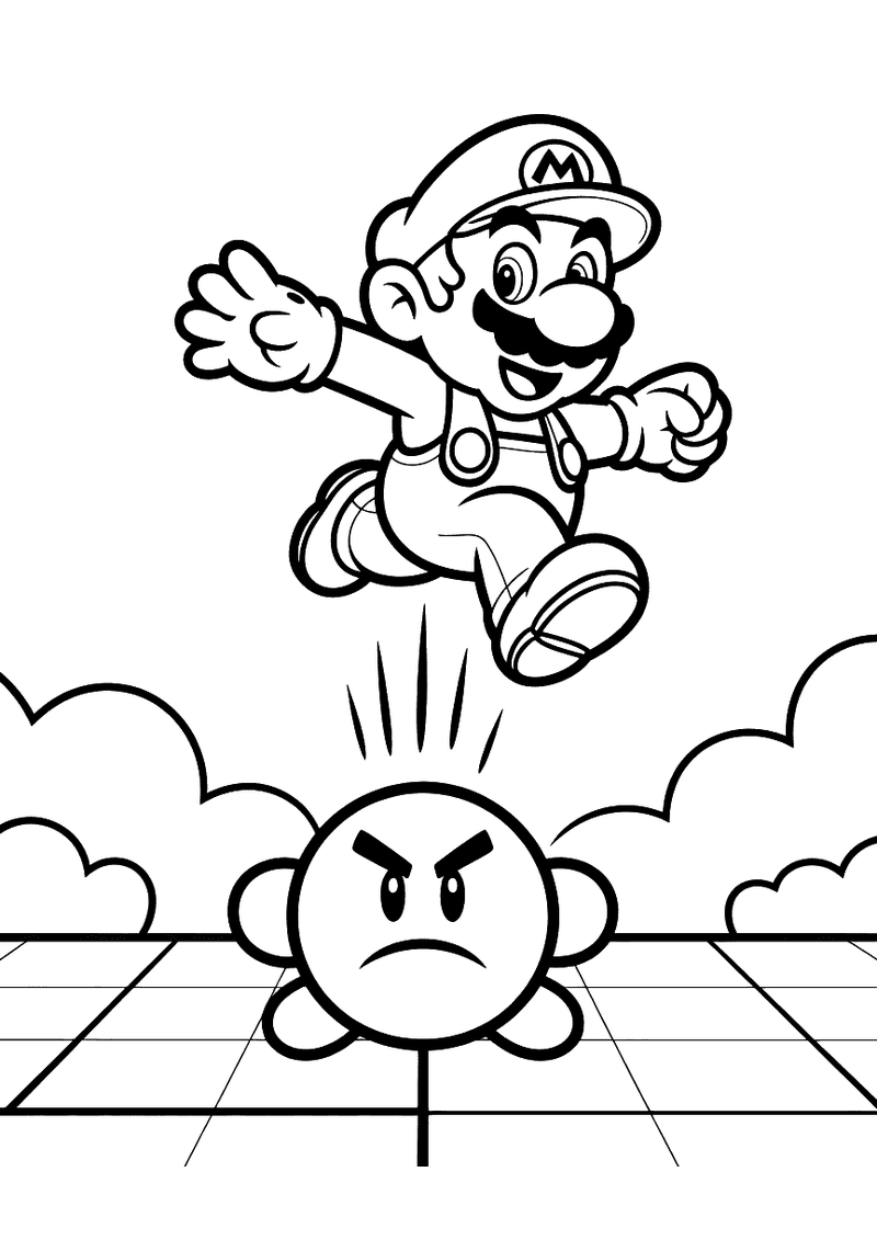Kleurplaat van Mario die vanuit de lucht met zijn voeten op een boze Goomba springt op een tegelvloer, wolken op de acht