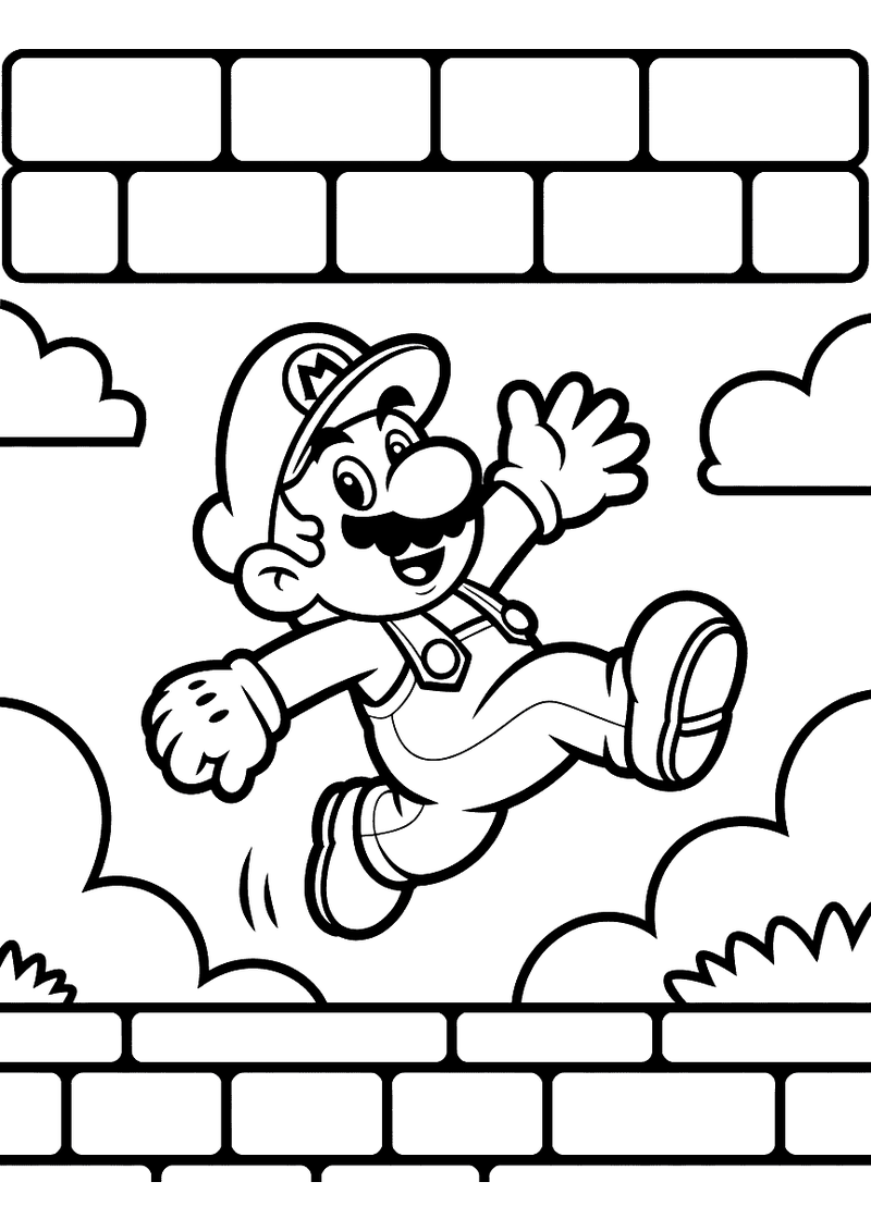 Kleurplaat van Mario die van een bakstenen muur afspringt met gespreide armen, wolken en meer bakstenen op de achtergron