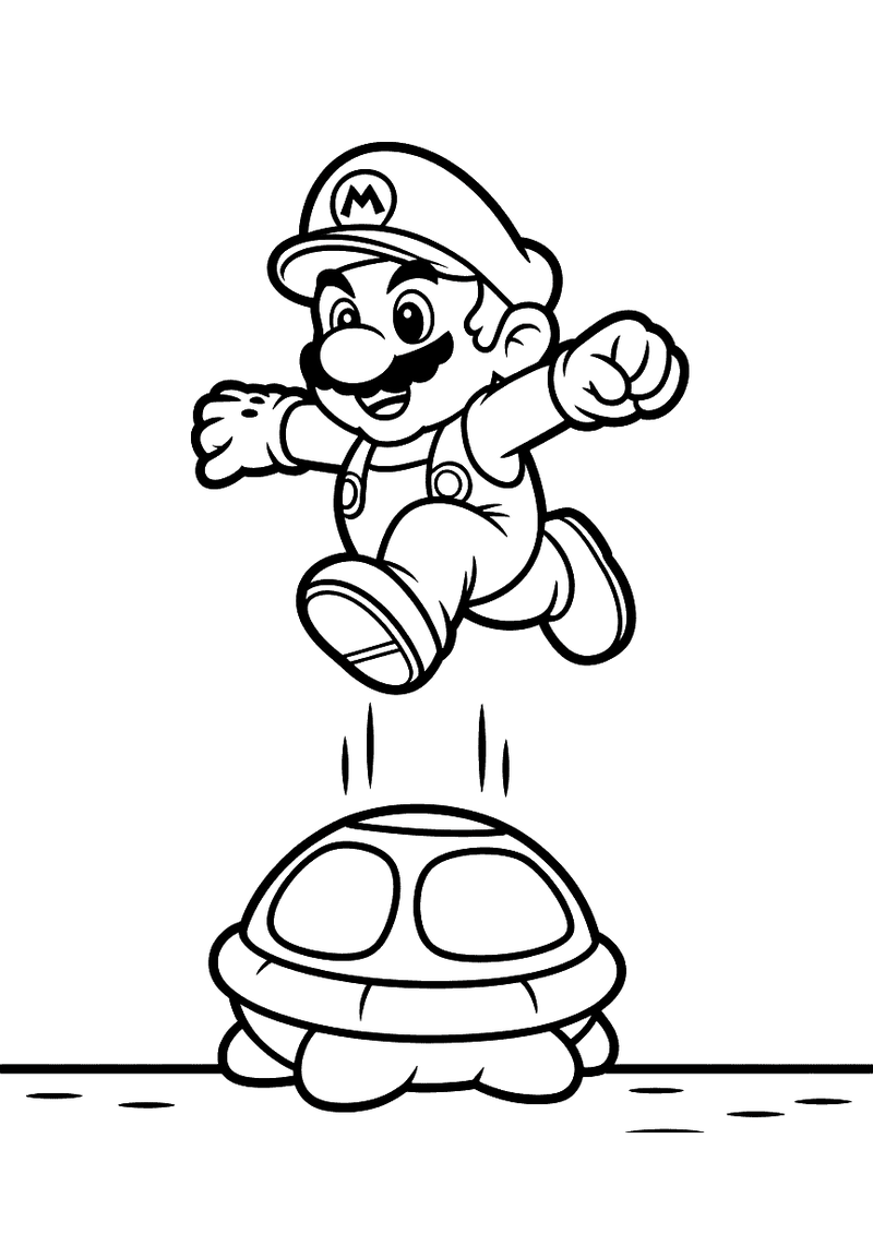 Kleurplaat van Mario die met zijn voeten op een Koopa-schelp springt, de schildpad is teruggetrokken in zijn schild