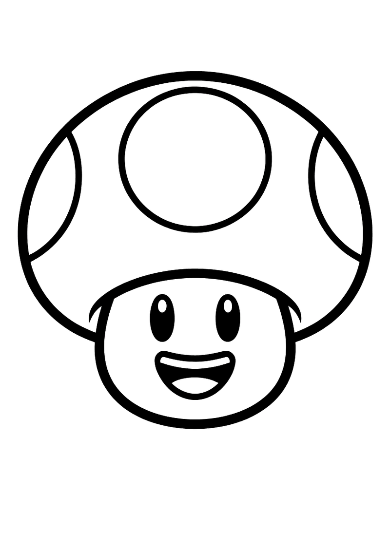 Kleurplaat van de lachende Super Mushroom uit Mario met een grote ronde hoed en een vrolijk gezicht met open mond