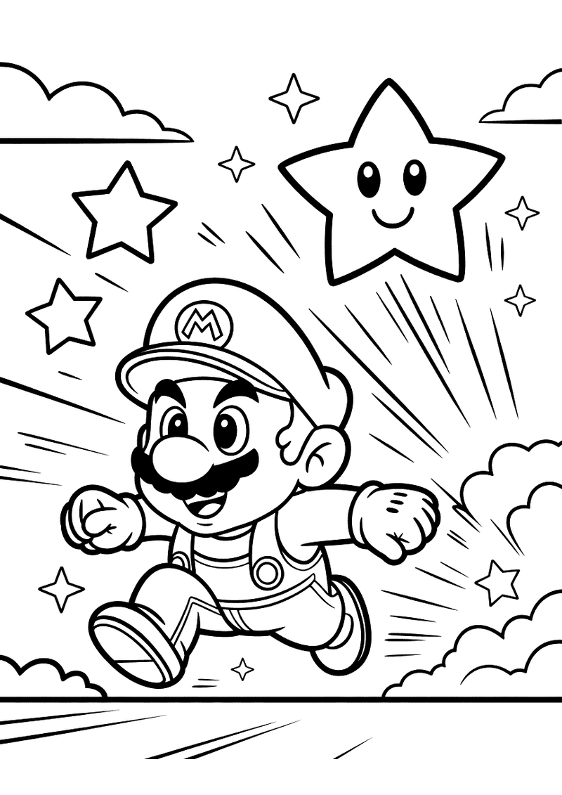 Kleurplaat van Mario die rent achter een grote lachende Super Ster aan, met straallijnen en andere sterren om hem heen