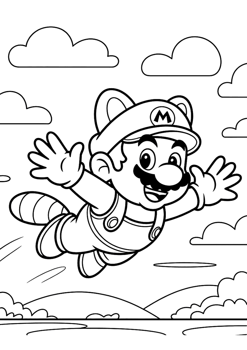 Kleurplaat van Tanooki Mario met wasberenoren en een gestreepte staart die zwevend door een lucht vol wolken vliegt