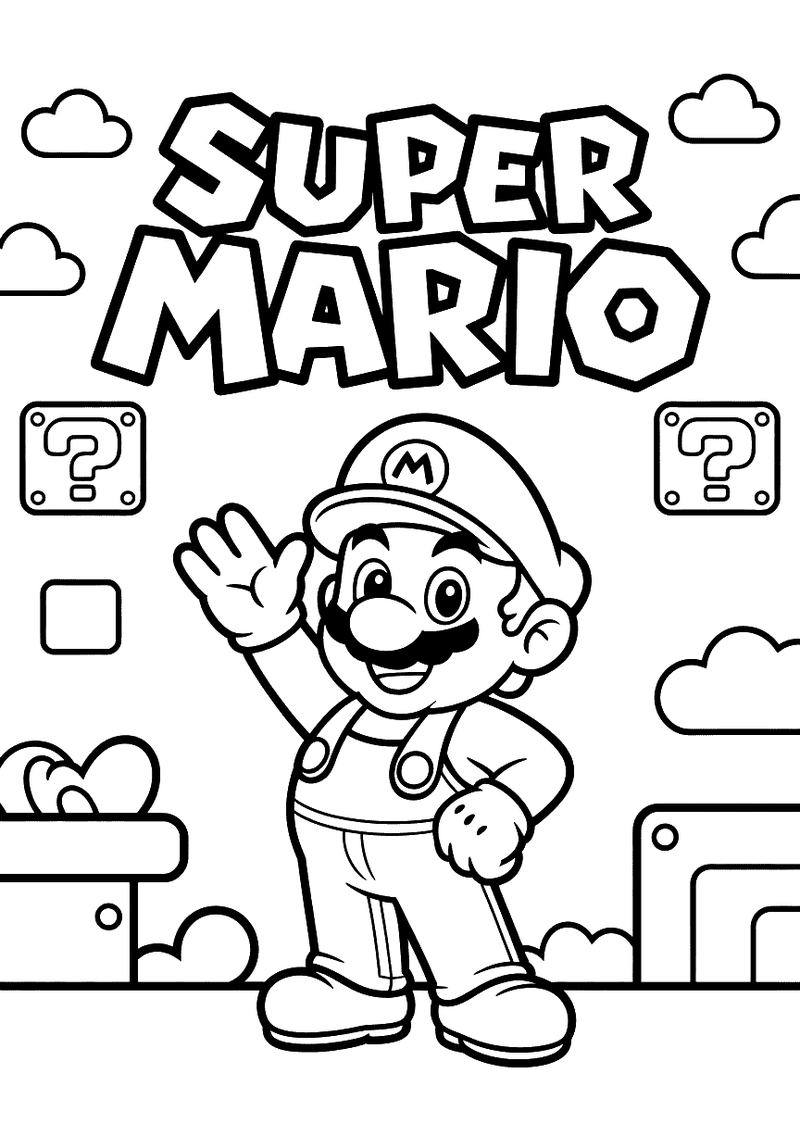 Kleurplaat van Mario die zwaait voor het Super Mario titel-scherm met vraagtekenkistjes en platforms