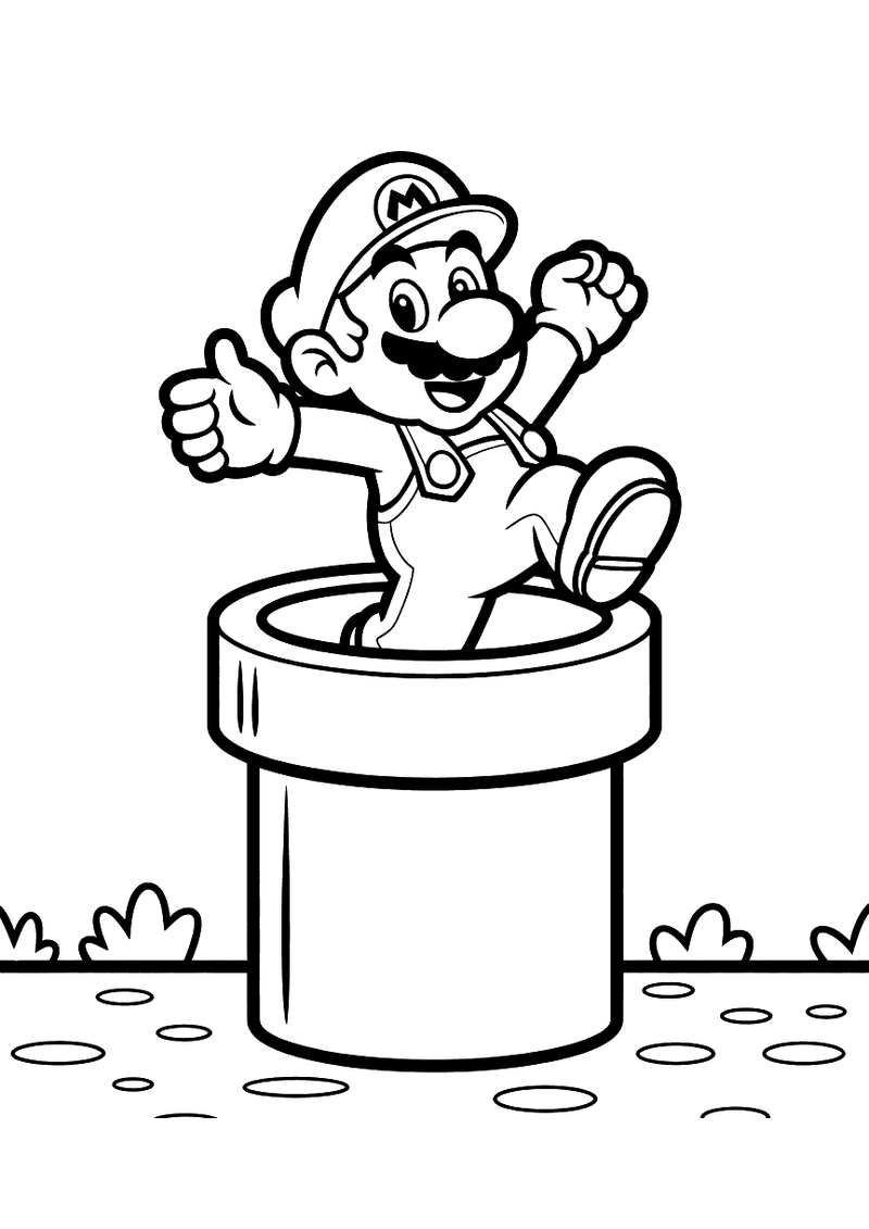 Kleurplaat van Mario die lachend met duim omhoog uit een grote groene pijp springt in een grasveld