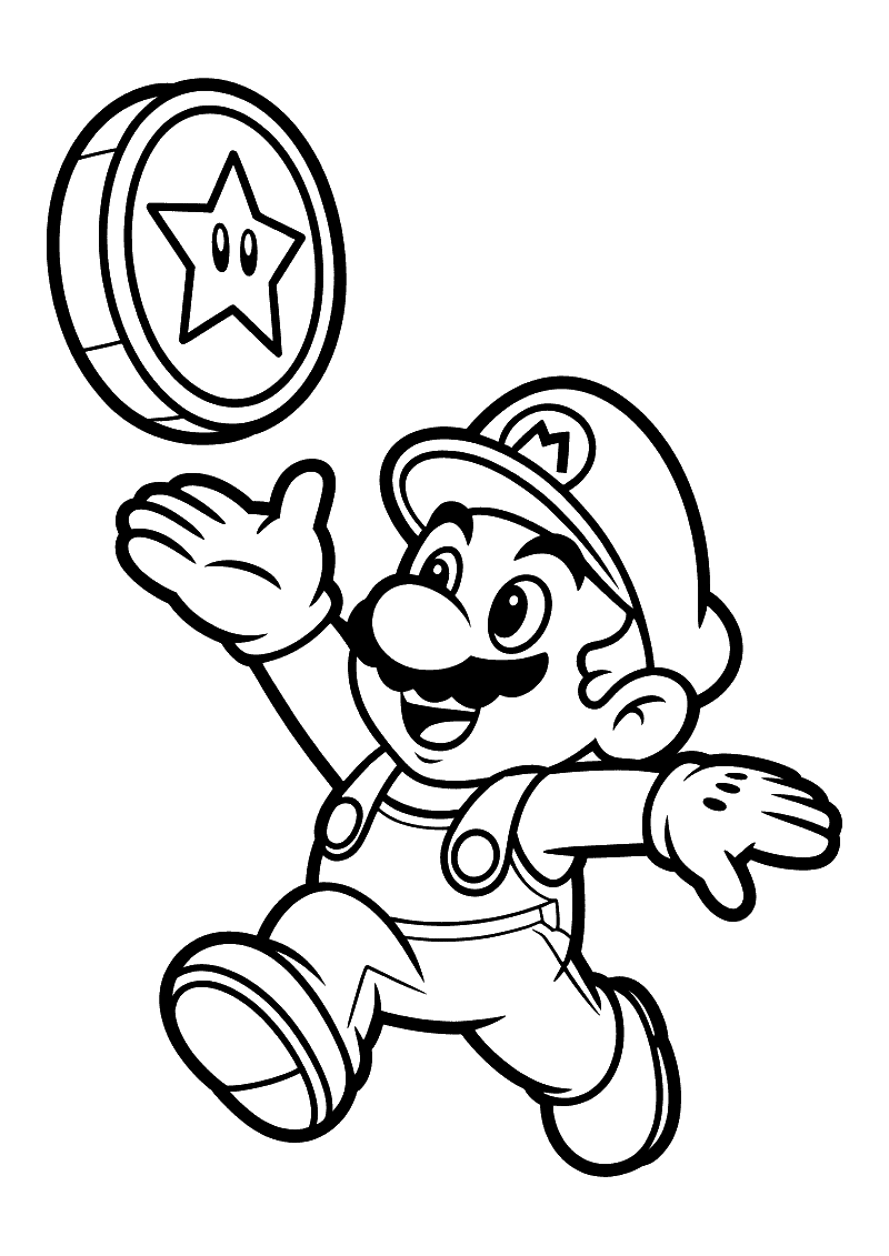Kleurplaat van Mario die springend een grote gouden munt met ster opvangt, met uitgestrekte arm