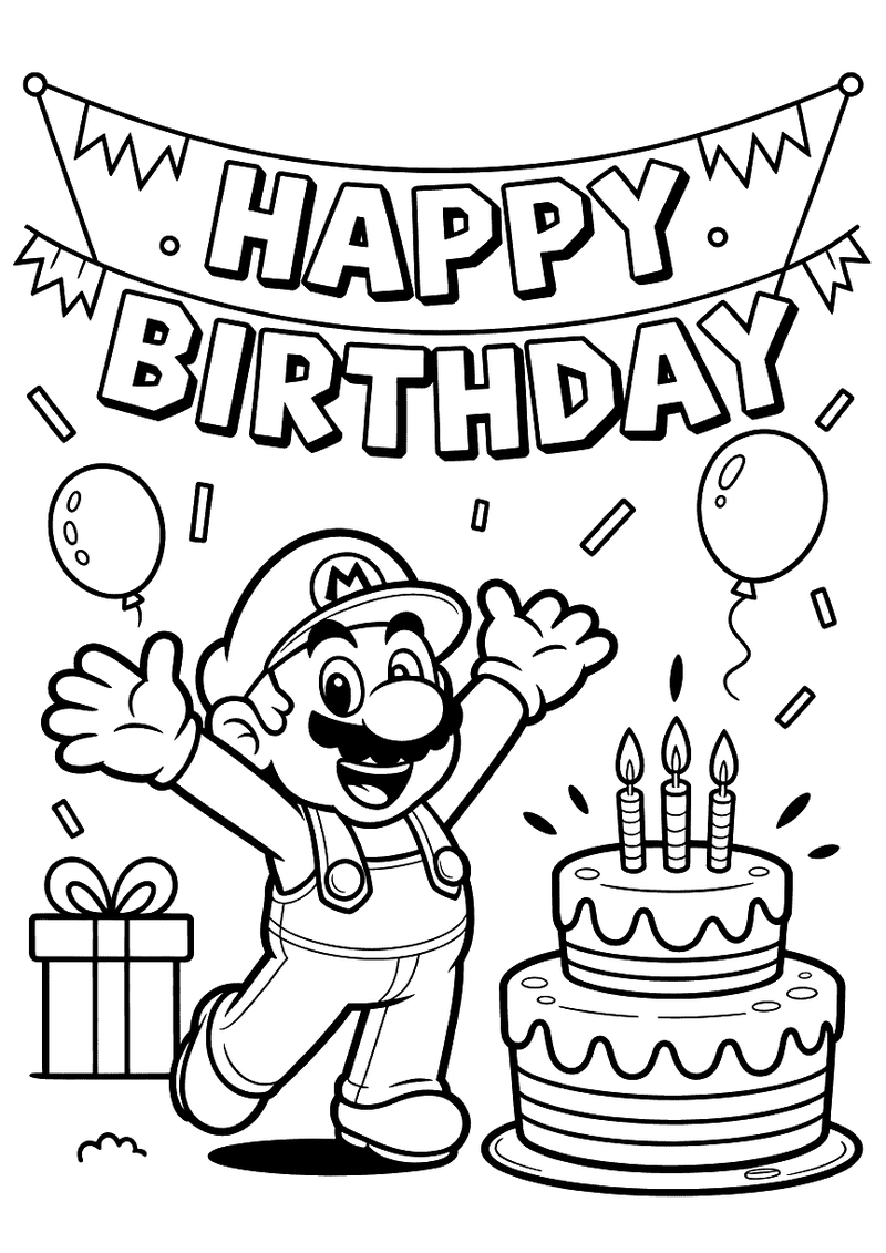 Kleurplaat van Mario die juicht bij een verjaardagstaart met kaarsen, slingers en ballonnen