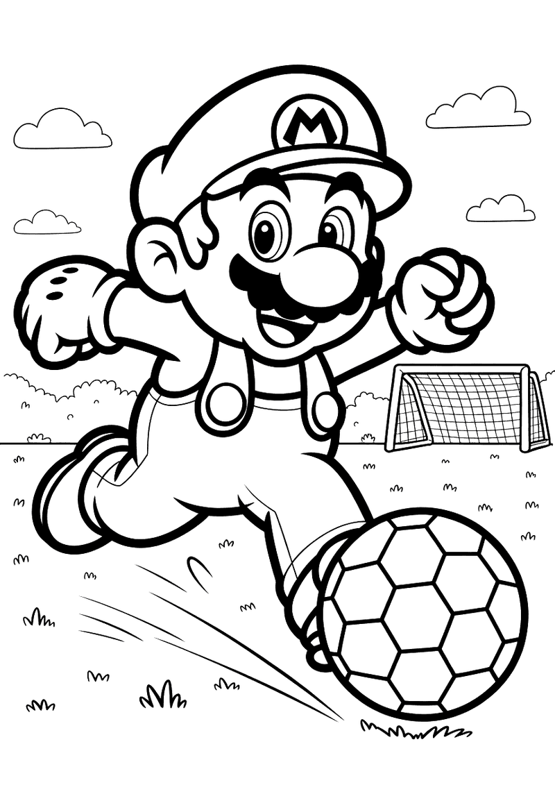 Kleurplaat van Mario die een voetbal schopt op een grasveld met voetbaldoel op de achtergrond