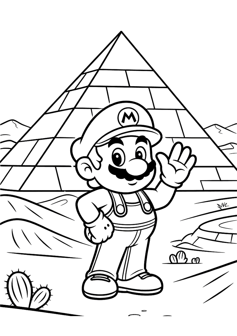 Kleurplaat van Mario die zwaait voor een grote piramide in een woestijnlandschap met cactussen en rotsen