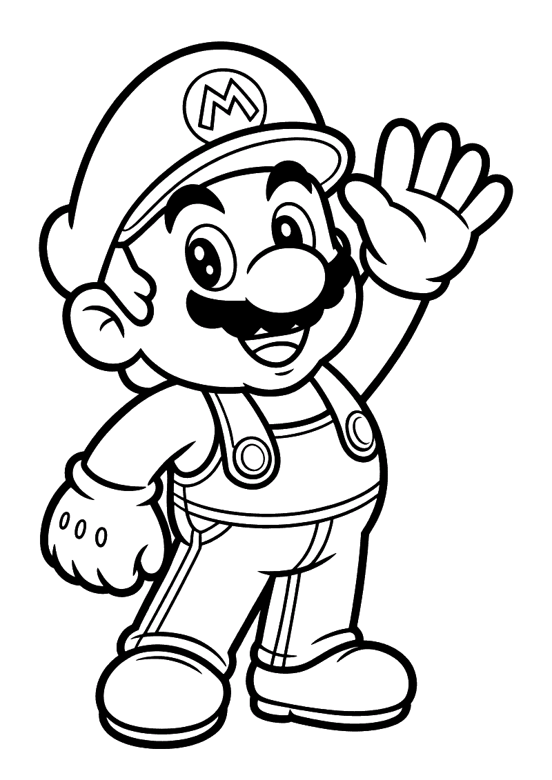 Kleurplaat van Mario in groot portret die breed lacht en vriendelijk zwaait met zijn hand