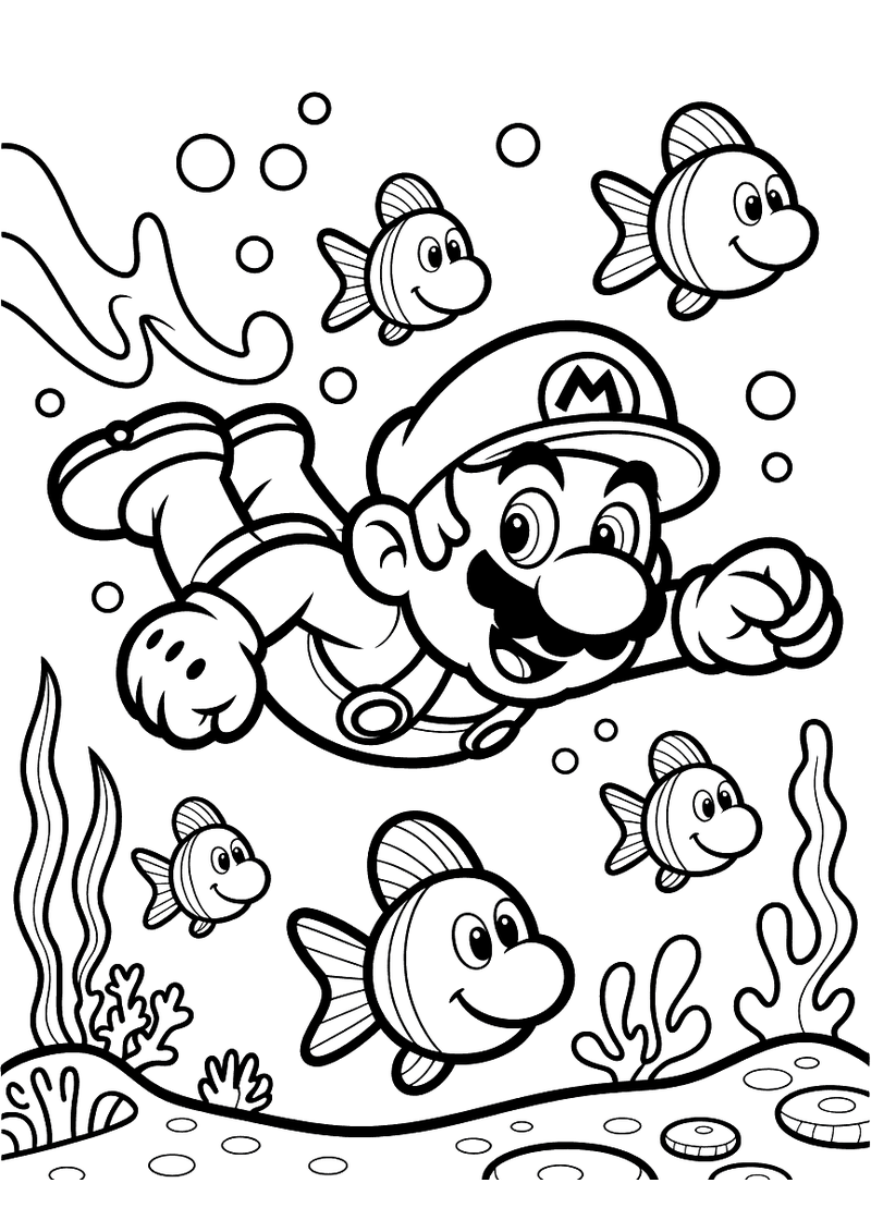 Kleurplaat van Mario die zwemt in een onderwaterwereld omringd door vrolijke vissen, zeewier en zeebodem