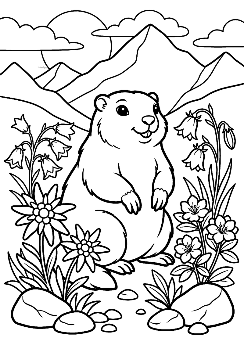 Kleurplaat van een rechtop zittende marmot tussen edelweiss, klokjesbloemen en stenen, met bergtoppen en een zon