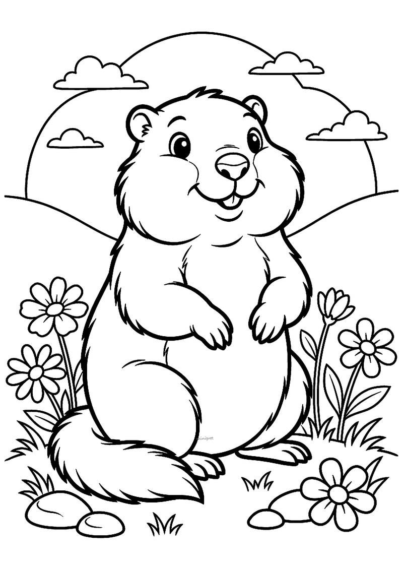 Kleurplaat van een rechtop zittende marmot met bolle wangen tussen bloemen, met heuvels, wolkjes en een zon erachter