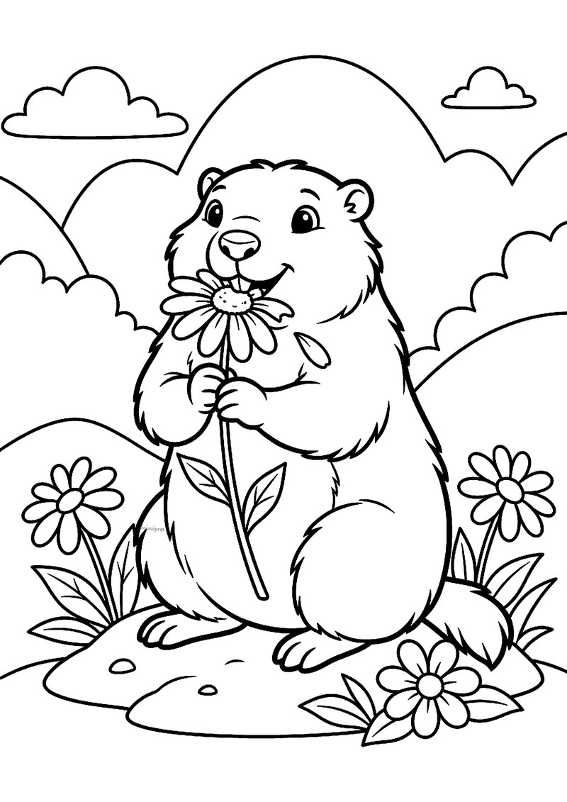 Kleurplaat van een marmot die rechtop op een heuveltje zit en aan een madeliefje knabbelt tussen de bloemen