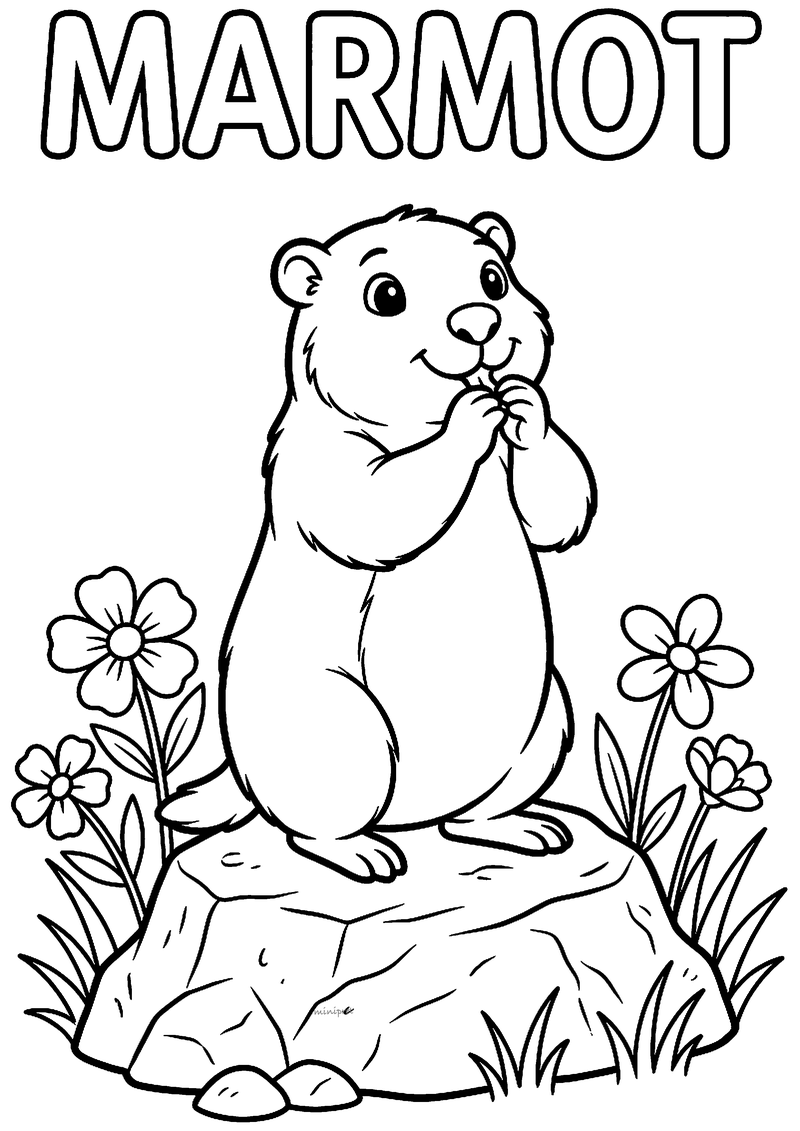 Kleurplaat van een marmot die rechtop op een rots staat met zijn pootjes bij zijn mond, tussen bloemen, MARMOT erboven