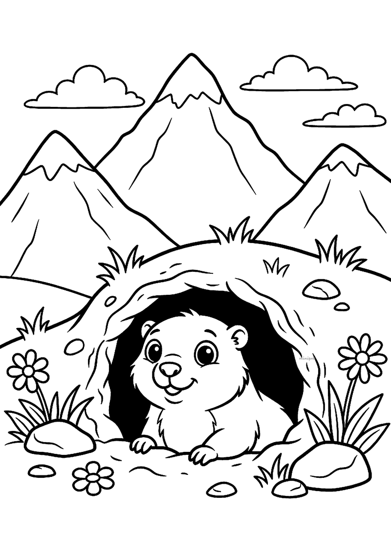 Kleurplaat van een marmot die uit een donker hol kijkt, met besneeuwde bergtoppen, wolken, stenen en bloemen