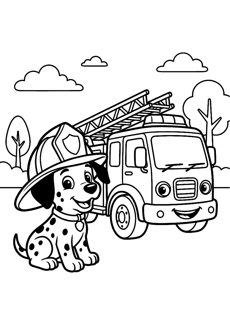 Marshall zit met brandweerhelm naast brandweerwagen kleurplaat — gratis kleurplaat