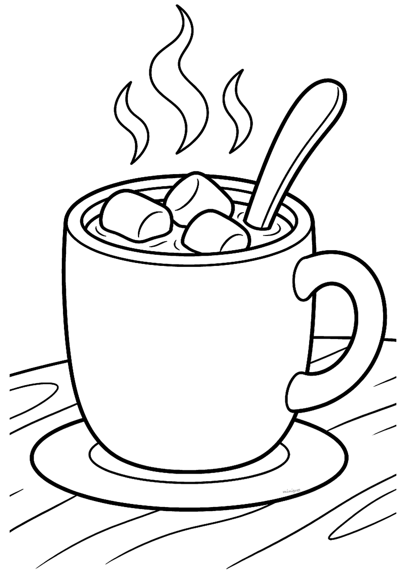 Kleurplaat van een dampende mok warme chocolademelk met drie marshmallows en een lepeltje op een schoteltje