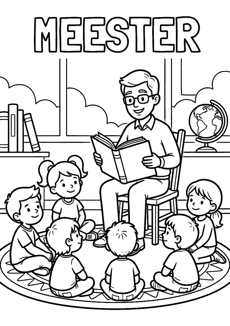Kleurplaat van een meester met bril die op een stoel voorleest aan zes kinderen in de kring op een rond kleed
