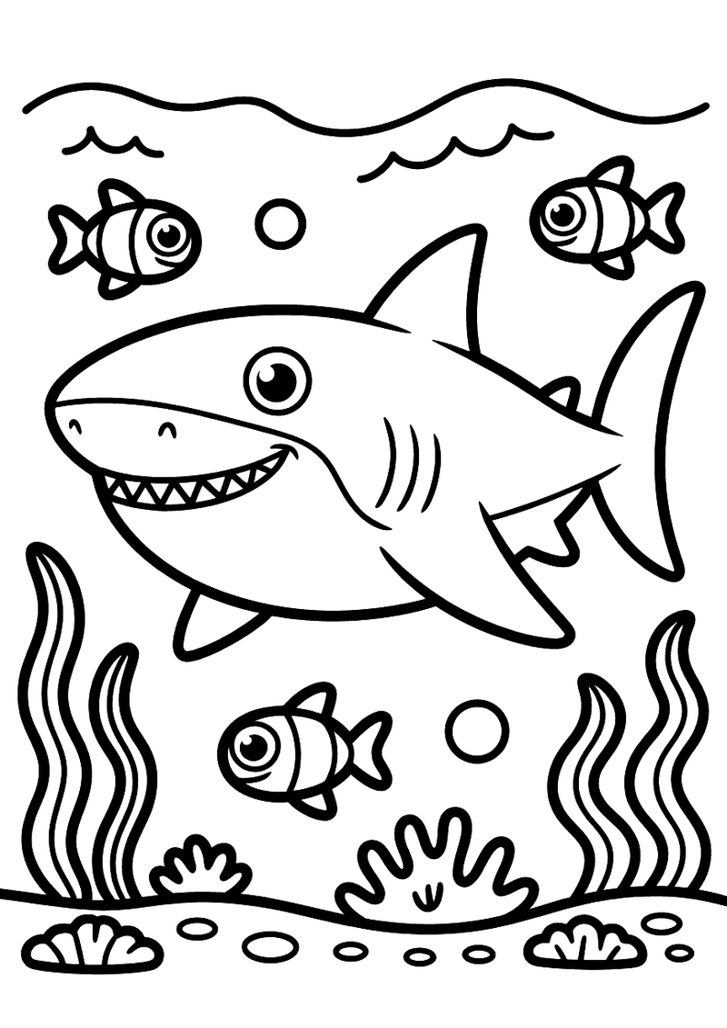 Kleurplaat van een grote megalodon die zwemt in een onderwaterscene met kleine vissen, zeewier en zeepbellen