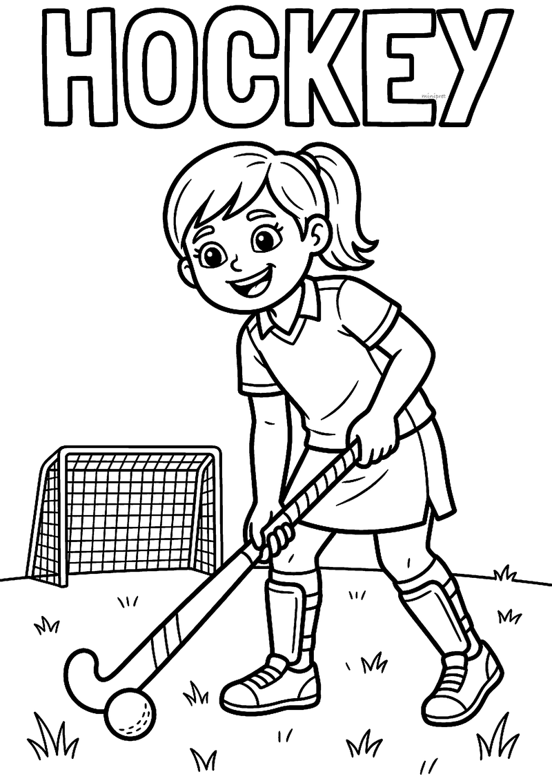 Kleurplaat van een lachend hockeymeisje in rokje dat de bal met haar stick speelt, met een doel op het gras