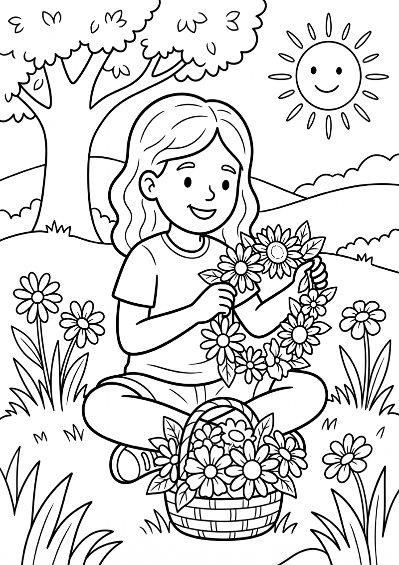 Meisje Maakt Bloemenkrans Kleurplaat — gratis kleurplaat printen